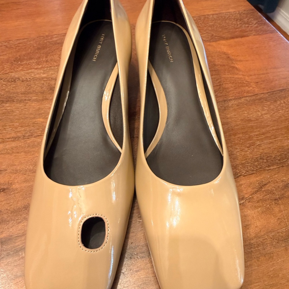 Tory Burch Nude Patent Square Toe heels with Keyhole